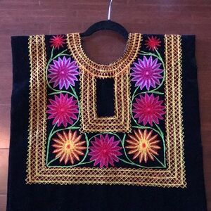 Mexican Embroidered Blouse, Black Huipil